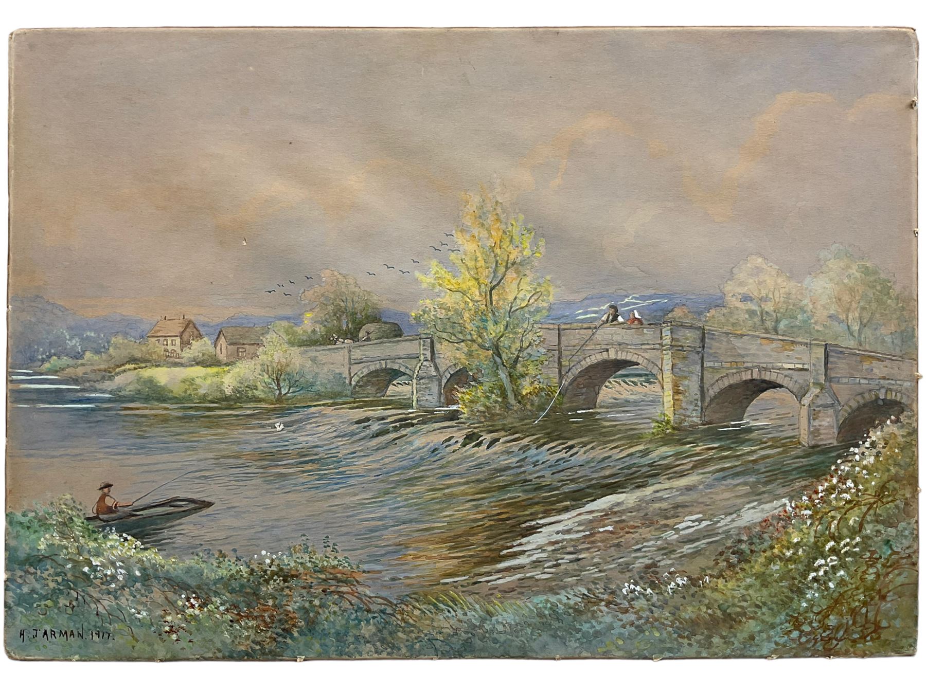 Peter A Hurst (British 20th Century): 'Thames at Twickenham', watercolour signed, titled on mount; H Jarman (British 19th Century): Fishing From the Bridge, watercolour signed and dated 1917, indistinctly inscribed verso max 35cm x 50cm (2) (one unframed)