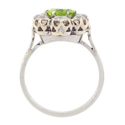 18ct white gold oval cut peridot and old cut diamond cluster ring, stamped 18ct, total diamond weight approx 1.20 carat