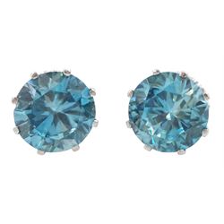 Pair of 9ct white gold round cut blue zircon stud earrings, total zircon weight approx 14.70 carat