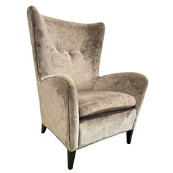 2 x Wing back armchair upholstered in silver crushed velvet fabric