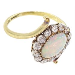 Early 20th century gold opal and milgrain set old cut diamond cluster ring, with twist scroll shoulders, stamped 18ct, total diamond weight approx 0.55 carat