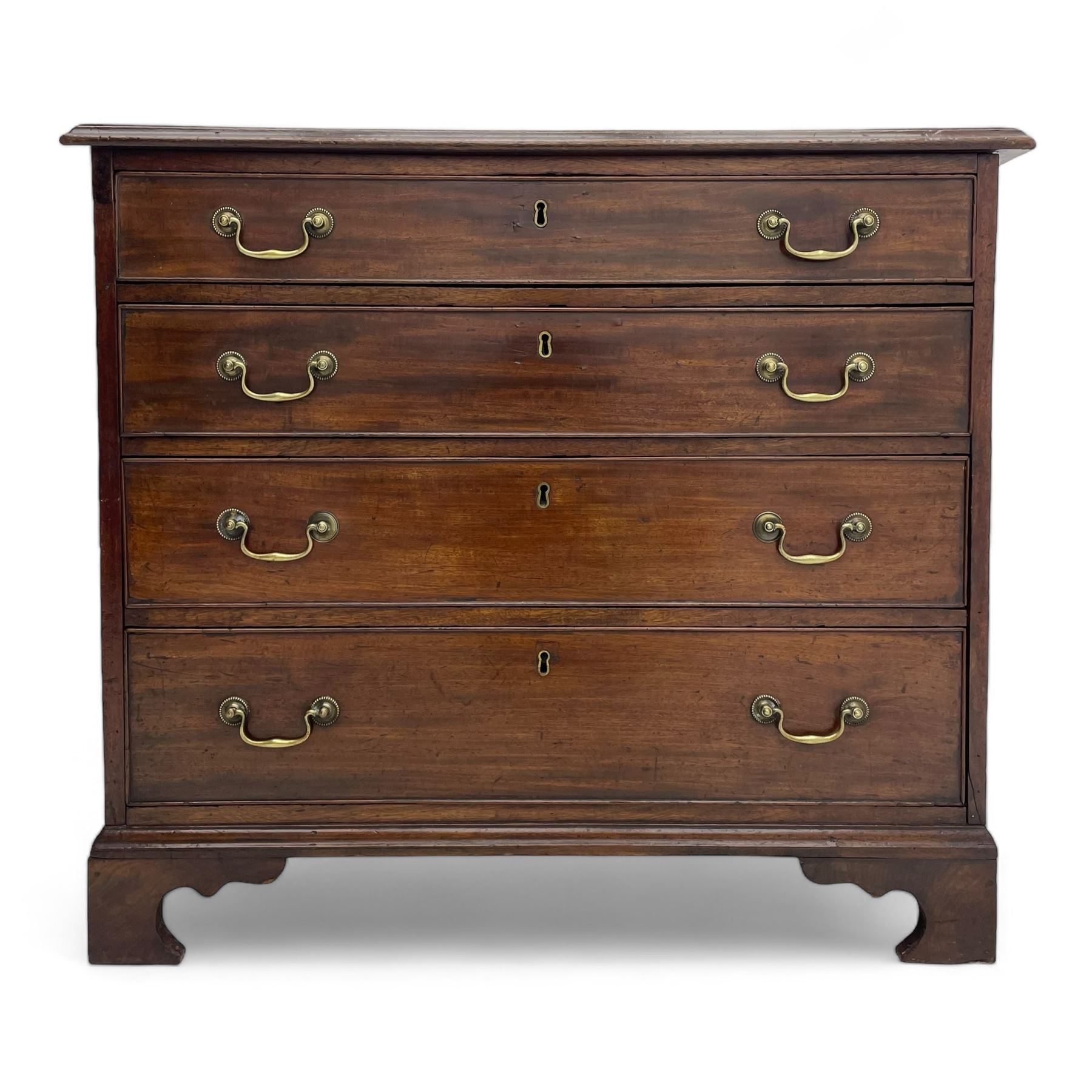 George III mahogany chest, moulded rectangular top over four long graduating cock-beaded drawers, fitted with brass swan neck handles, on bracket feet