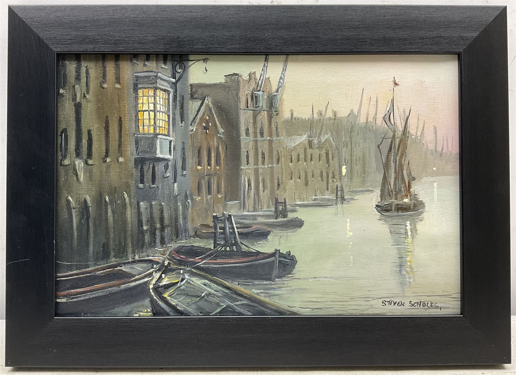 Steven Scholes (Northern British 1952-): 'Rotherhithe - East End of London 1962', oil on canvas signed, titled verso 19cm x 29cm