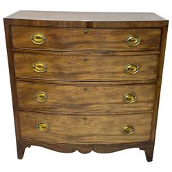 Early 19th century mahogany bow-front chest, mahogany banded top over four long graduating cock-beaded drawers, oval pressed brass plate handles, on shaped apron with bracket feet