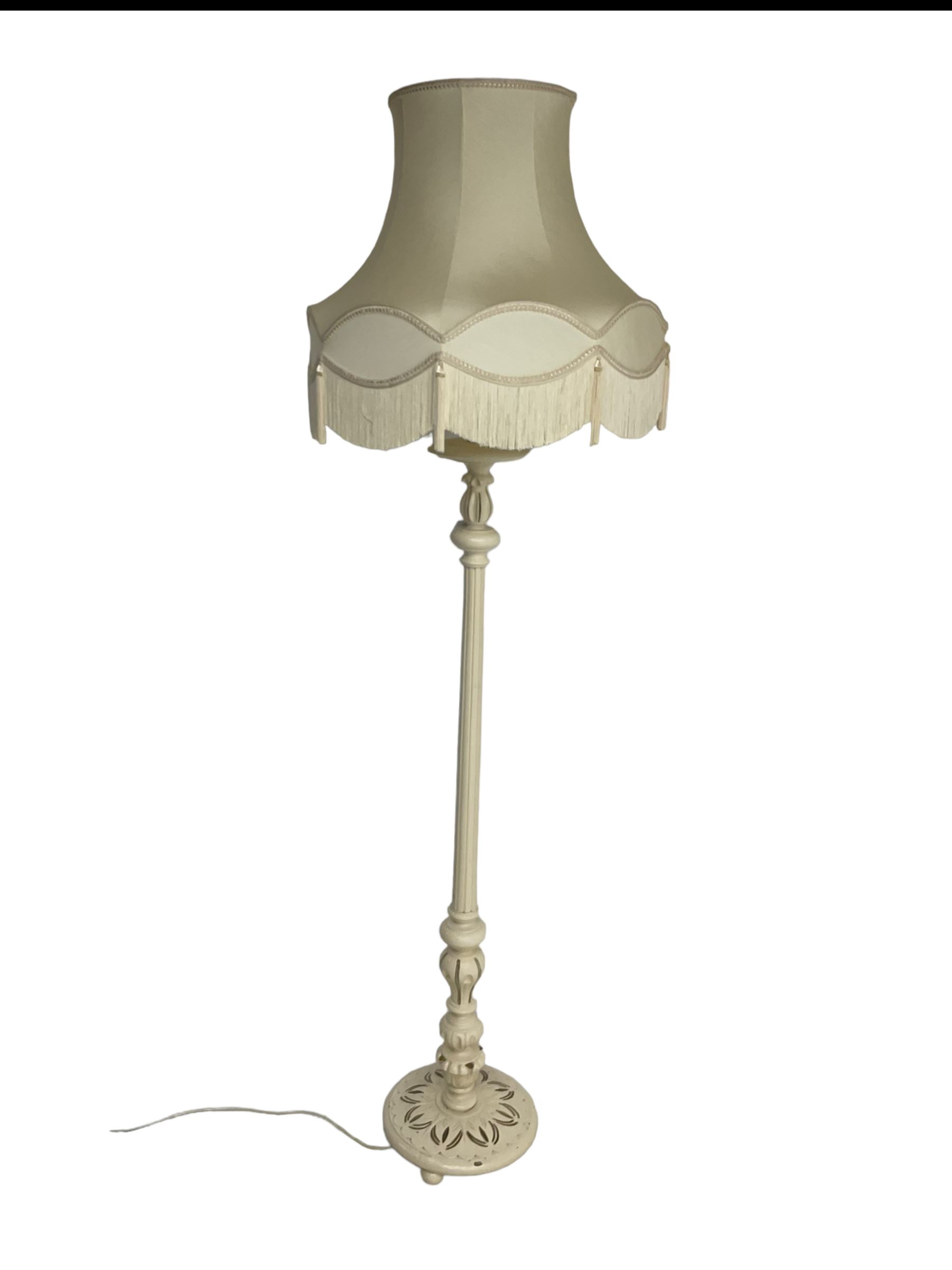 Victorian design Classical standard lamp, turned and fluted column with circular base, in cream finish, with matching fringed shade 