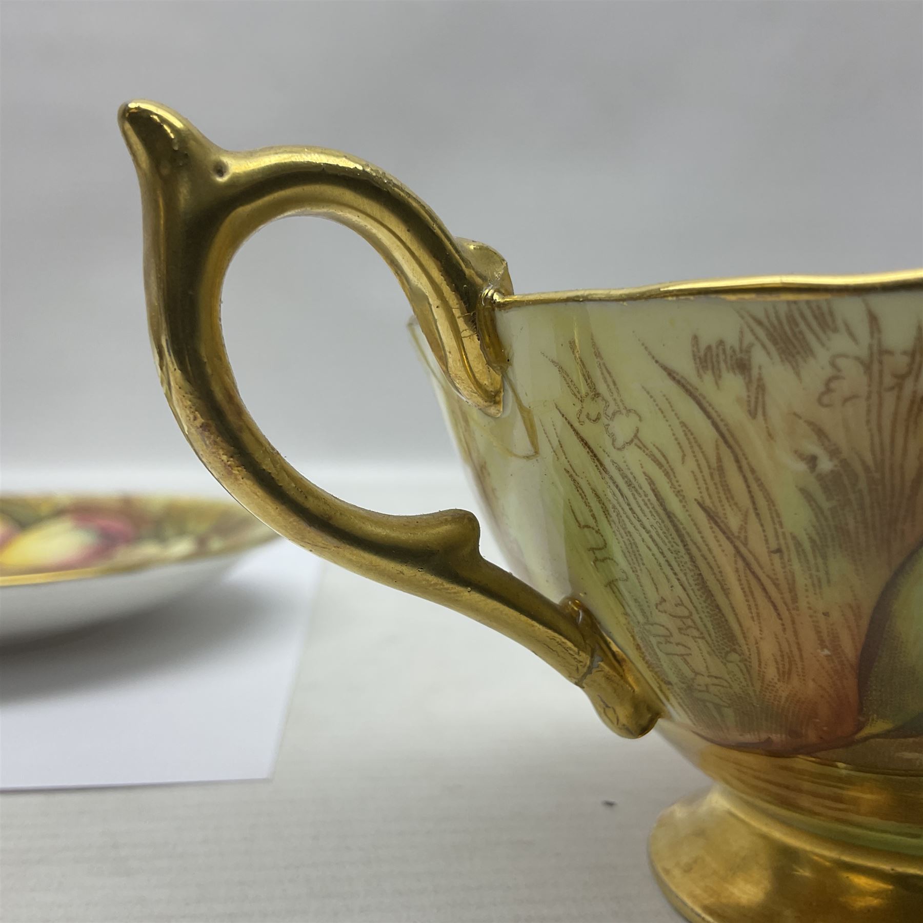 Pair Aynsley Orchard Gold pattern teacups and saucers with gilt interior 