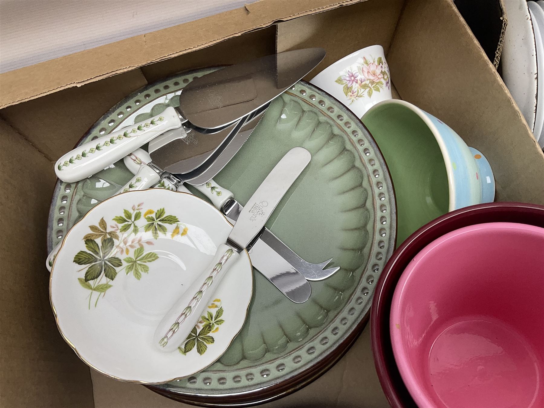 Four large meat platters, Royal Worcester Bunnykins mug and a large collection of other ceramics, including vases, dinner plates, teawares, etc, in five boxes 