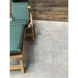 Pair of solid teak adjustable garden steamer armchairs, stainless brackets, with cushions