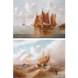 English School (Early 20th century): Fishing in Calm and Rough Seas, pair oils on canvas unsigned, in matching heavy antique gilt frames with repeating anthemion decoration 60cm x 80cm (2)