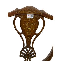 Edwardian inlaid mahogany elbow chair, shield back with pierced splat, serpentine seat, on square tapering supports with spade feet (a/f), and an oak framed fire screen with needle work panel (W48cm)