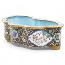 Late 19th century Chinese Canton enamel on brass planter in the form of a bat, the border painted with panels of bats and flowers, the base painted with lotus scrolls against a brown ground, L28cm 