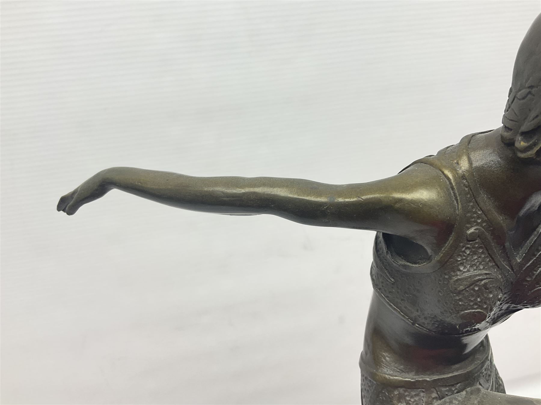 Art Deco style bronze, after Philipp, modelled as a dancer with her arms outstretched and one leg raised, on a veined marble tapering base signed Philipp and with foundry seal, H58cm