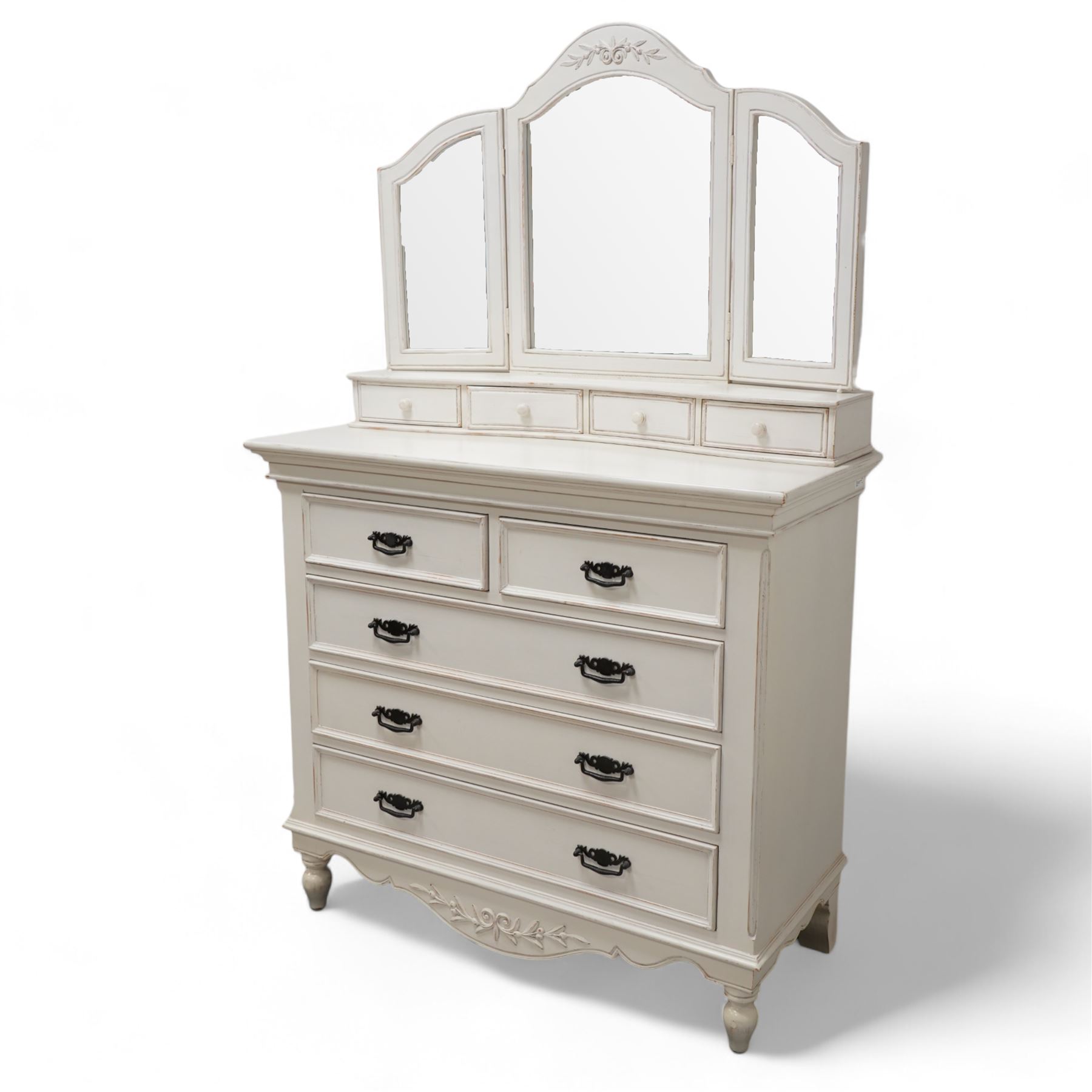 Country Corner - white painted chest with raised mirror back, triple mirror over four small drawers, the chest fitted with two short and three long drawers, on turned feet 