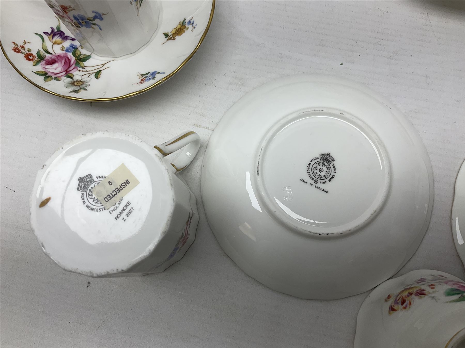 Royal Worcester Roanoke pattern coffee service, including coffee pot, coffee cans and saucers, milk and sugar bowl, together with Coalport Junetime pattern teacups and saucers