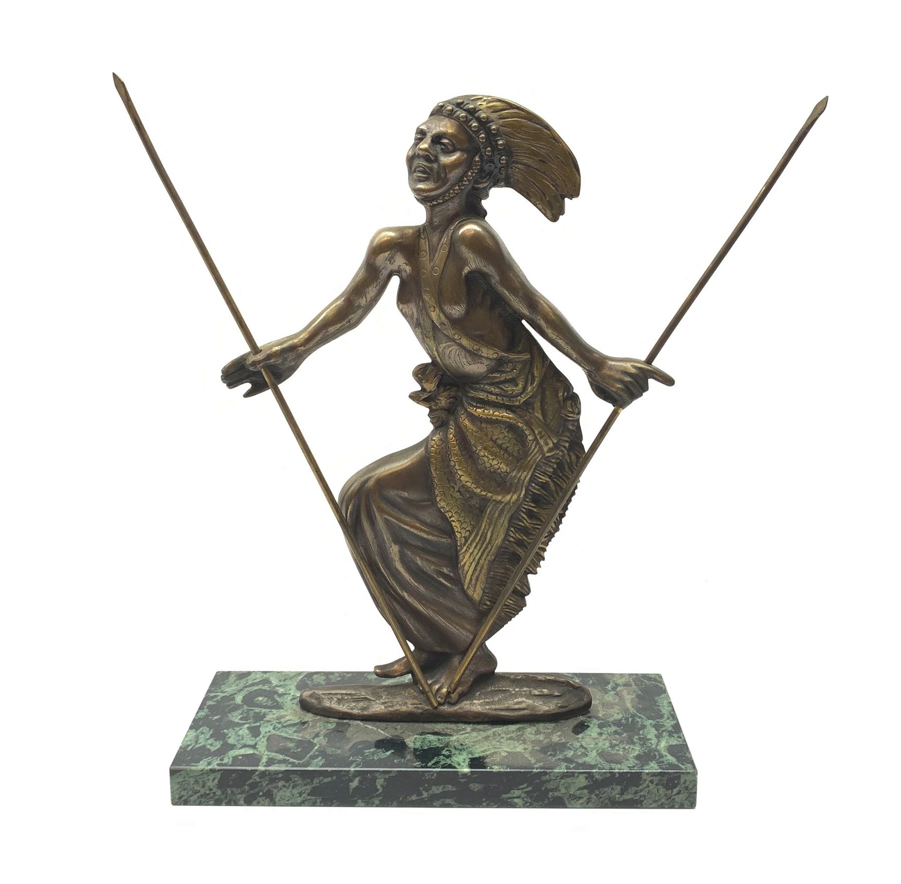 A bronze model of a dancer in tribal dress, upon a rectangular verdite base, H34cm. 