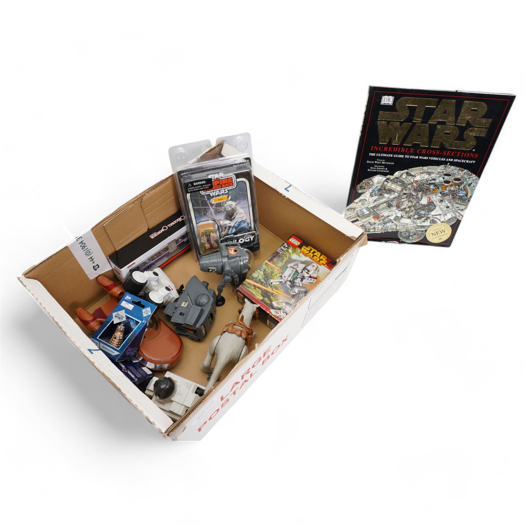 Star Wars Hasbro 'The Original Trilogy Collection' boxed Yoda action figure, Star Wars Incredible Cross-Sections book, 7250 Clone Scout Walker Lego set (unchecked for completeness), five loose vehicles and Tauntaun figure, two Doctor Who keyrings etc in one box