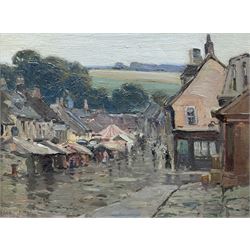 Frederick 'Fred' Milner (Cornish 1863-1939): Rainy Market Day, oil on panel signed 20cm x 26cm