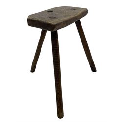 19th century elm cutler's stool, shaped seat on three rib turned supports