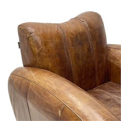 Rockson - club armchair, dished cresting rail over curved arms, upholstered in brown stitched leather, on block feet