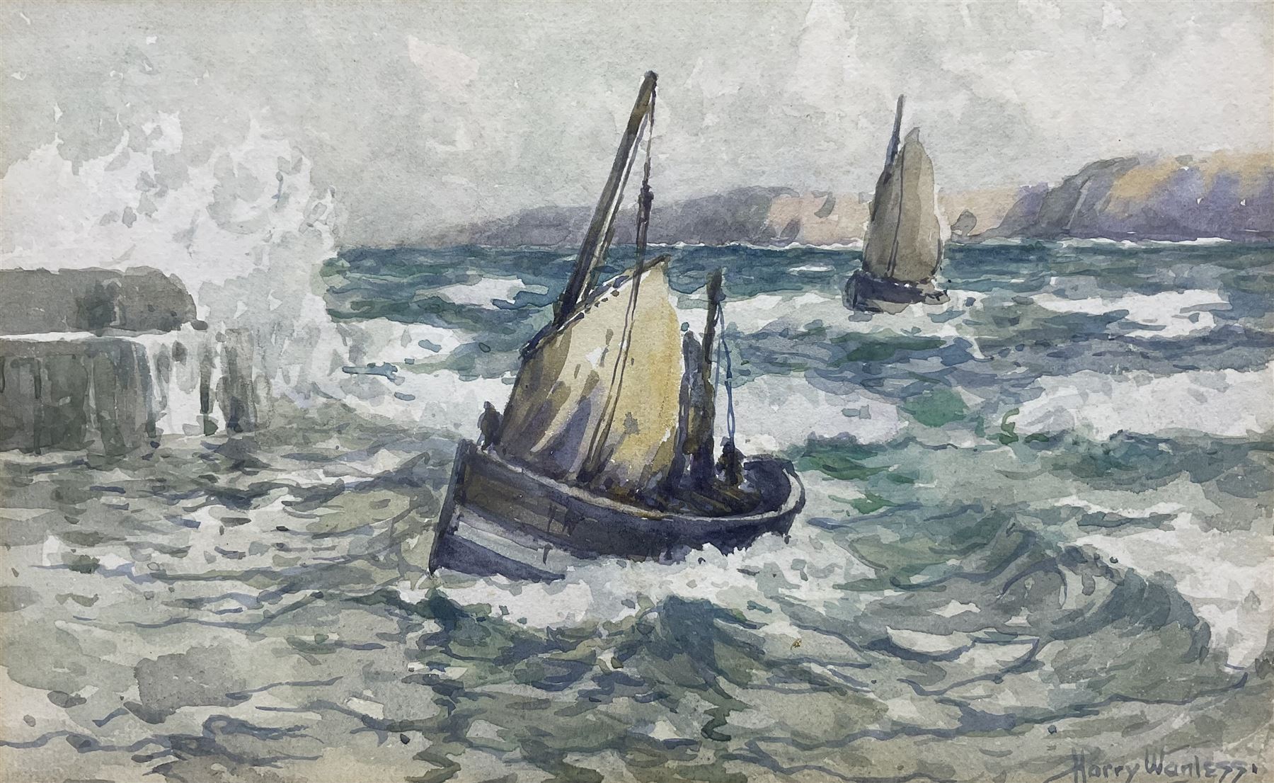 Harry Wanless (British c1872-1934): Fishing Boats returning to Scarborough Harbour in Rough Seas, watercolour signed 16cm x 25.5cm
Provenance: direct from the artist's family, part of a collection never previously seen on the market