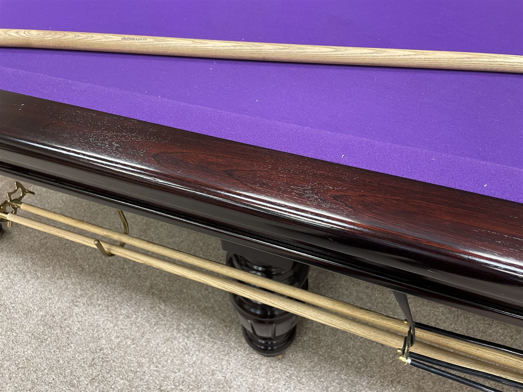 Riley - full-sized 12' x 6' slate bed snooker table, mahogany frame with purple baize, raised on turned and fluted baluster supports, recently refurbished; together with, cues, scoreboard, cover, snooker and pool balls