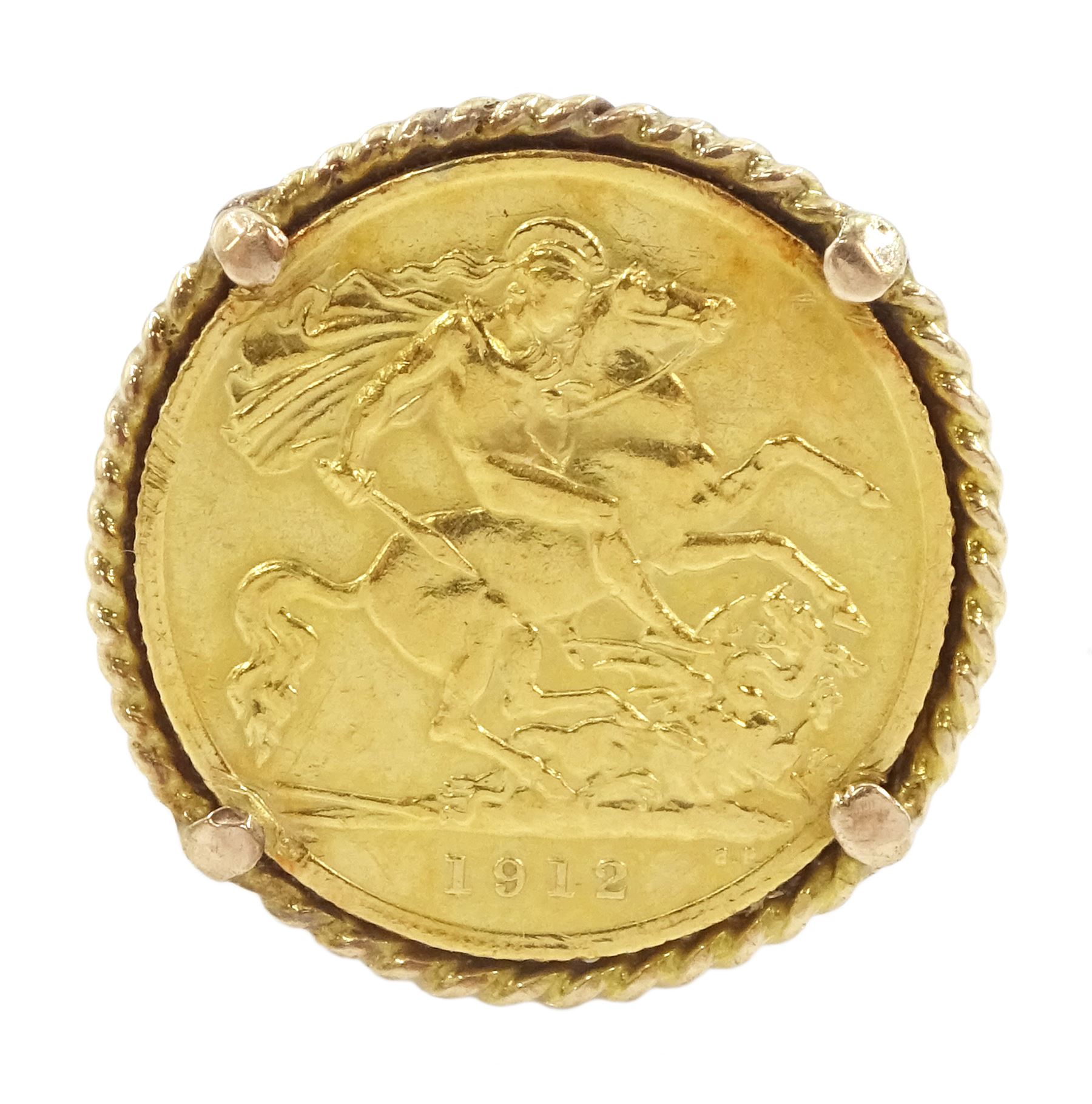 King George V 1912 gold half sovereign coin, loose mounted in 9ct gold ring, hallmarked