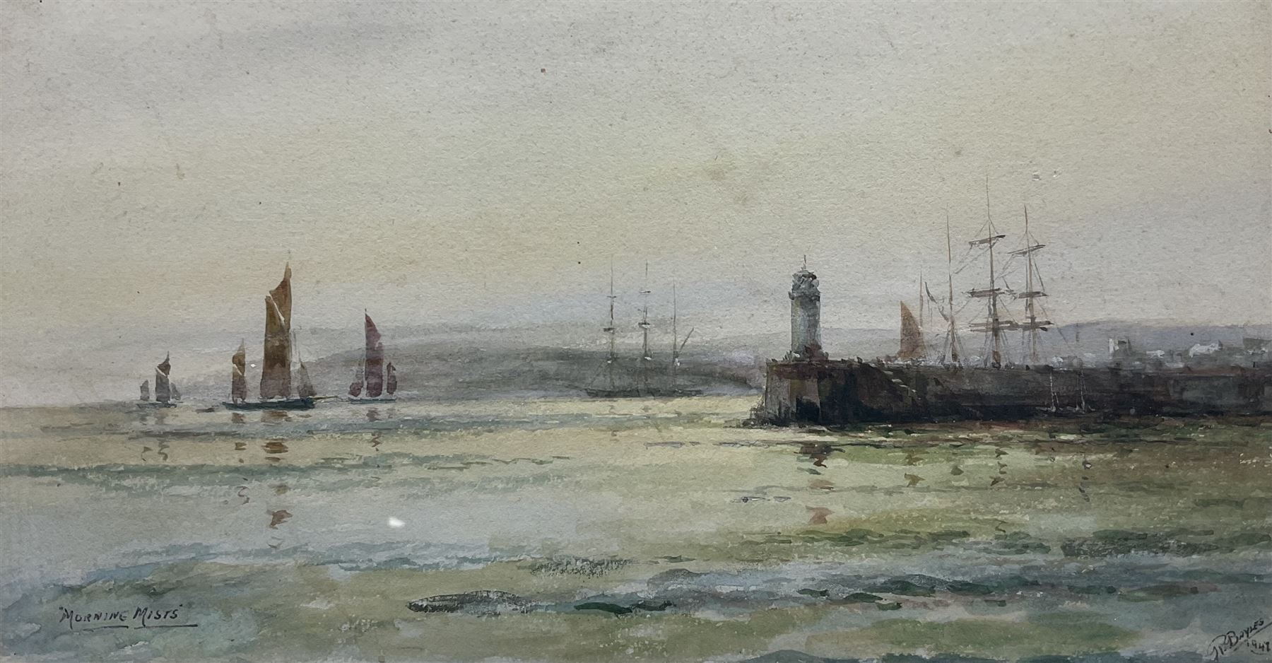 John Hamilton Glass (Scottish 1820-1885): Dutch Fishermen on the Shore, watercolour signed 24cm x 34cm; R Bayles (British 20th century): 'Morning Mists', watercolour signed titled and dated 1947, 14cm x 26cm (2)