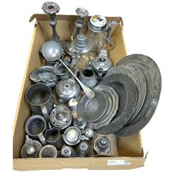 Group of assorted pewter, to include plates of various size, cruets, candlesticks, jugs, teapots, glass steins with pewter covers, etc., in one box