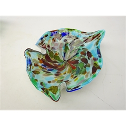 Mid century Murano opalescent Bullicante glass dish and  Murano blue glass biomorphic bowl with silver leaf inclusions, copper aventurine and multicoloured patches, by Vetro Artistico, Veneziano, L27cm   