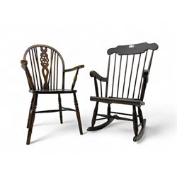 Early 20th century Windsor design rocking chair, shaped cresting rail over a spindle back,...