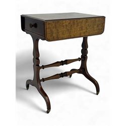 Early 19th century plum pudding mahogany work table, swivel and drop-leaf top over single ...