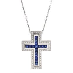 18ct white gold two piece princess cut sapphire and round brilliant cut diamond cross pendant, hallmarked, total sapphire weight approx 1.75 carat, total diamond weight approx 0.50 carat, on silver chain