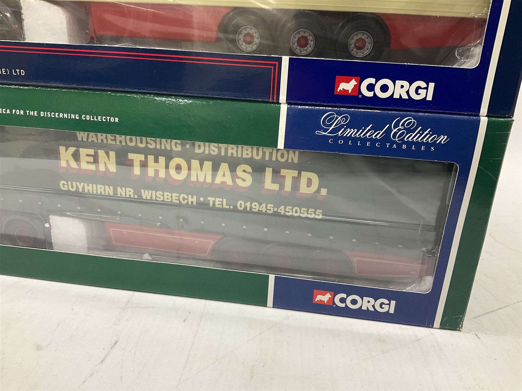 Corgi - three limited edition 1:50 scale heavy haulage vehicles comprising CC13403 MAN TGA Curtainside Ken Thomas Ltd.; CC12215 Scania 4 Series Fridge Trailer J.R. Harding & Sons (Frome) Ltd.; and CC12903 Scania Topline Curtainside Currie European Transport; all boxed (3)