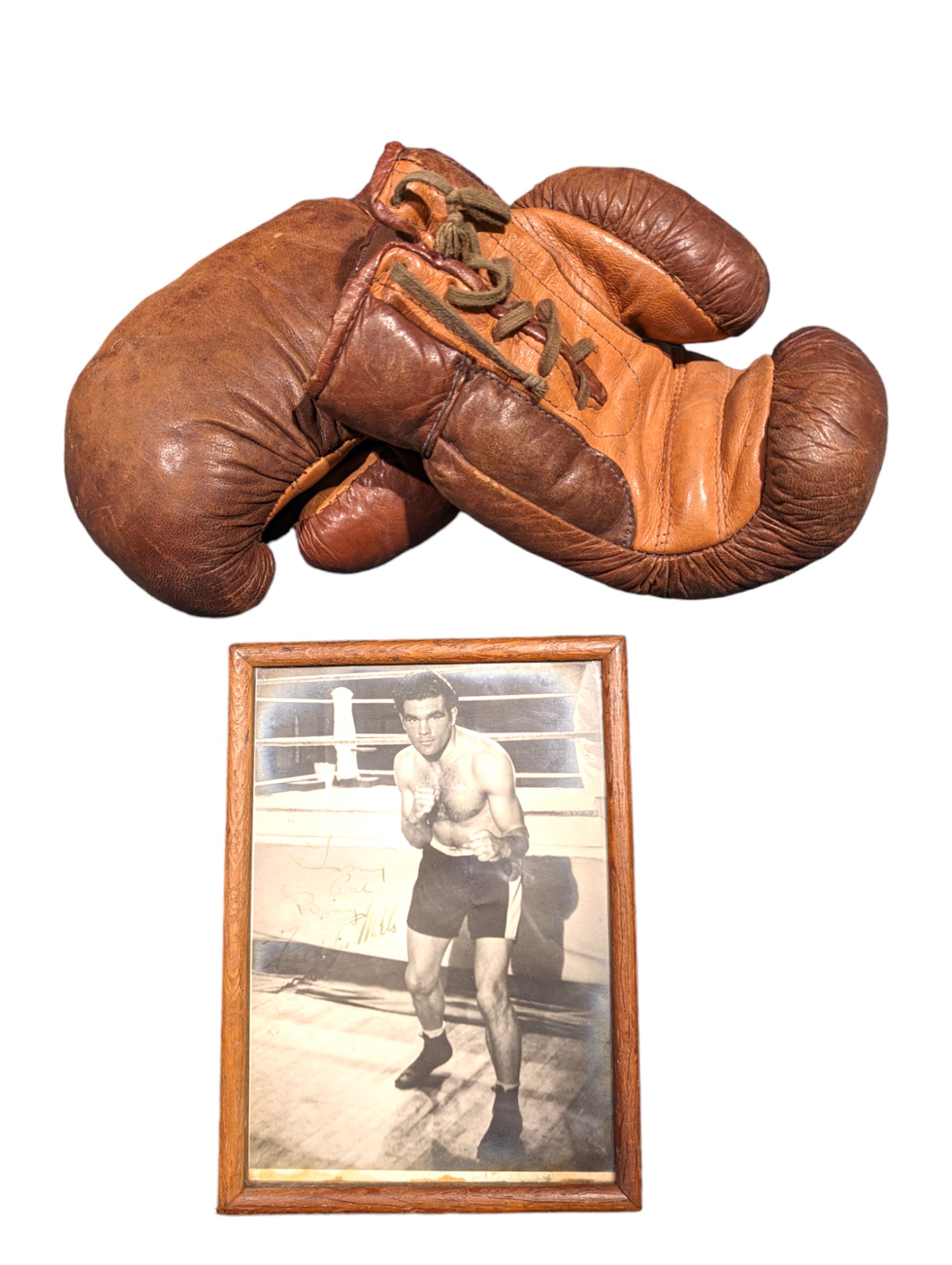 Signed photograph of British boxer Freddie Mills, together with a framed print of boxers Joe Louis and Billy Conn, a signed picture of Giacomo Agostini and a pair of 1930s brown leather boxing gloves