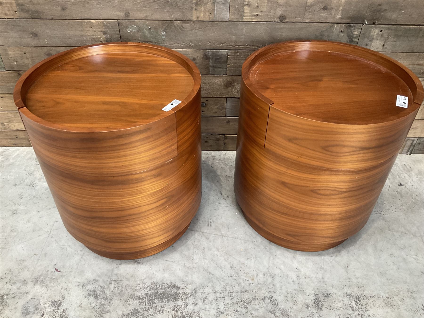 Pair of walnut circular barrel shaped lamp tables, fitted with single drawer