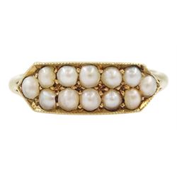 Early 20th century gold milgrain set two row split pearl ring, stamped 18ct