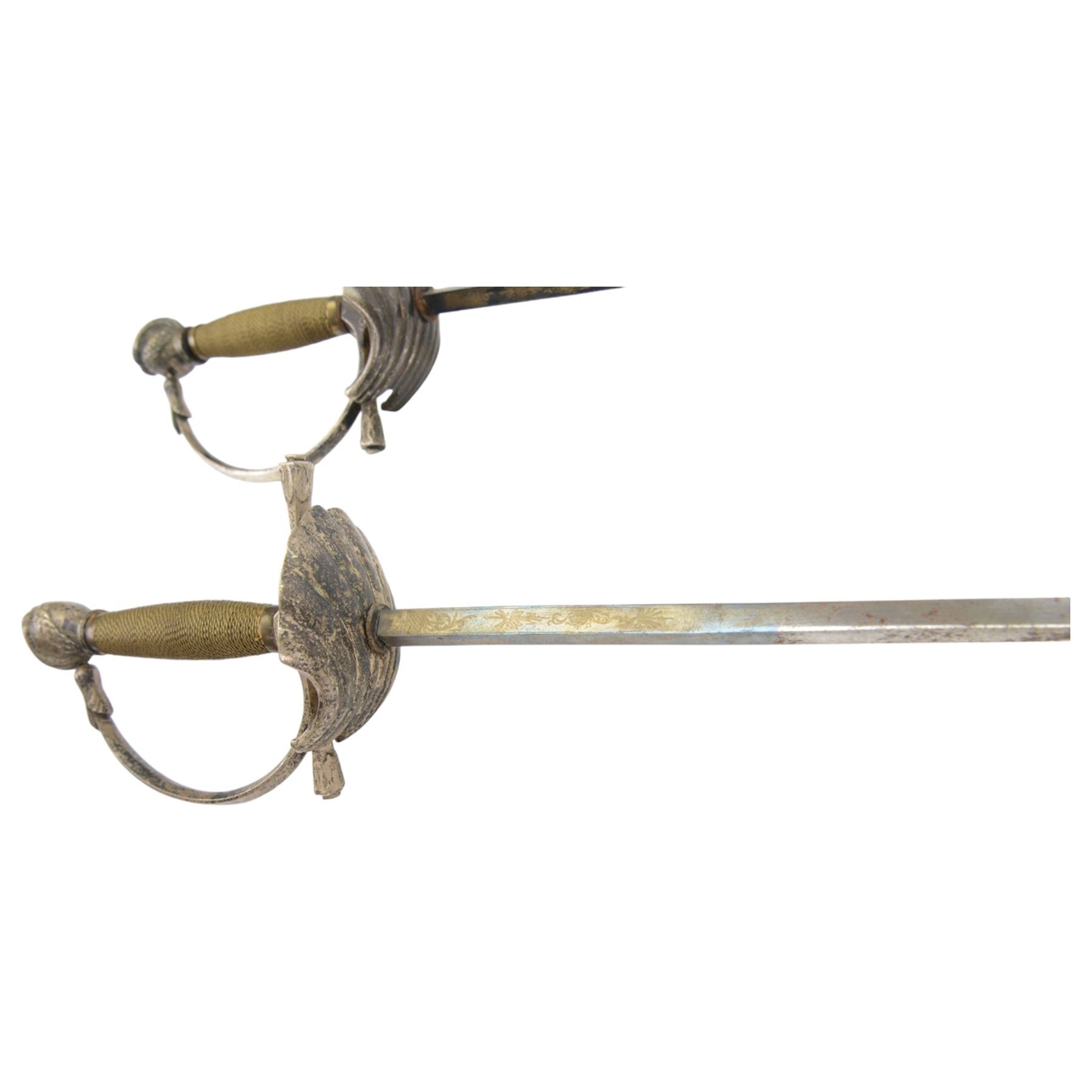 Pair of Rapier swords, with four sided blades, hilt with scalloped shell guard and wire grip, L97cm