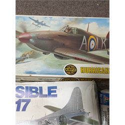 Three model kits, including Airfix Hawker Hurricane MK1 1:24 scale, Italeri Anti Tank Dodge 1:35 scale and Monogram Visible B-17 1:48 scale, all boxed 