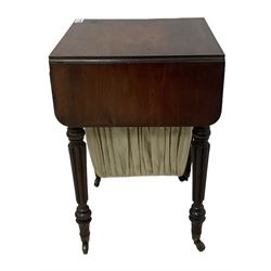 19th century mahogany drop-leaf work table, rectangular top with rounded corners, fitted with two cock-beaded drawers over pleated silk storage well, with matching opposing faux drawers, on turned and lobe moulded supports on castors