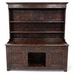 18th century design elm dresser, projecting moulded cornice over two-tier plate rack with ...