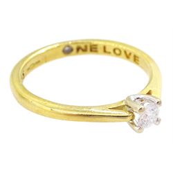 18ct gold single stone round brilliant cut diamond ring, the inside shank set with a single round brilliant cut diamond, hallmarked, diamond 0.15 carat