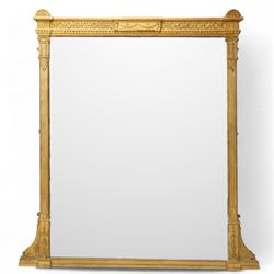 19th century Neo Classical design gilt wood and gesso overmantel mirror, the cresting rail...