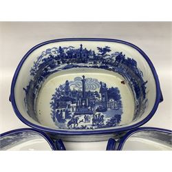 Three Victoria Ware blue and white footbaths, each with twin lug handles and transfer print decorated with city scape, largest H21cm