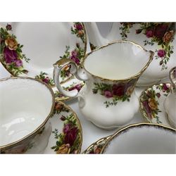 Royal Albert Old Country Roses pattern tea set for six, comprising teapot, milk jug, open sucrier, dessert plates, cups and saucers (21)