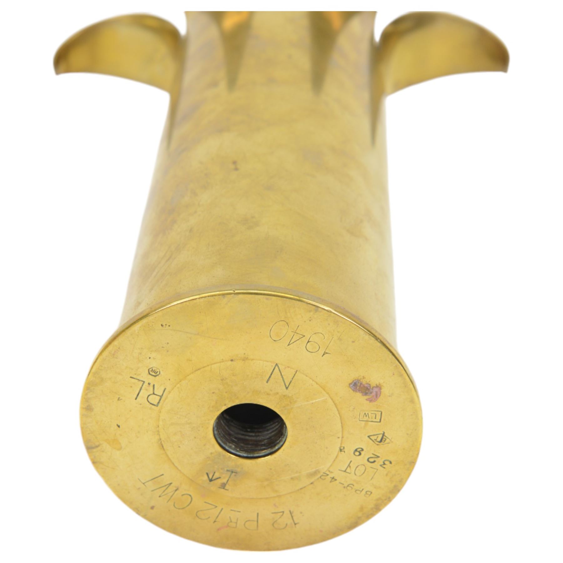 Six shell chases from WWI and WWII, including two British 6PR anti-tank shell case, marked 6PR, largest H31cm