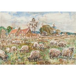 Rowland Henry Hill (Staithes Group 1873-1952): Sheep at Ellerby, watercolour signed 24cm x 34cm