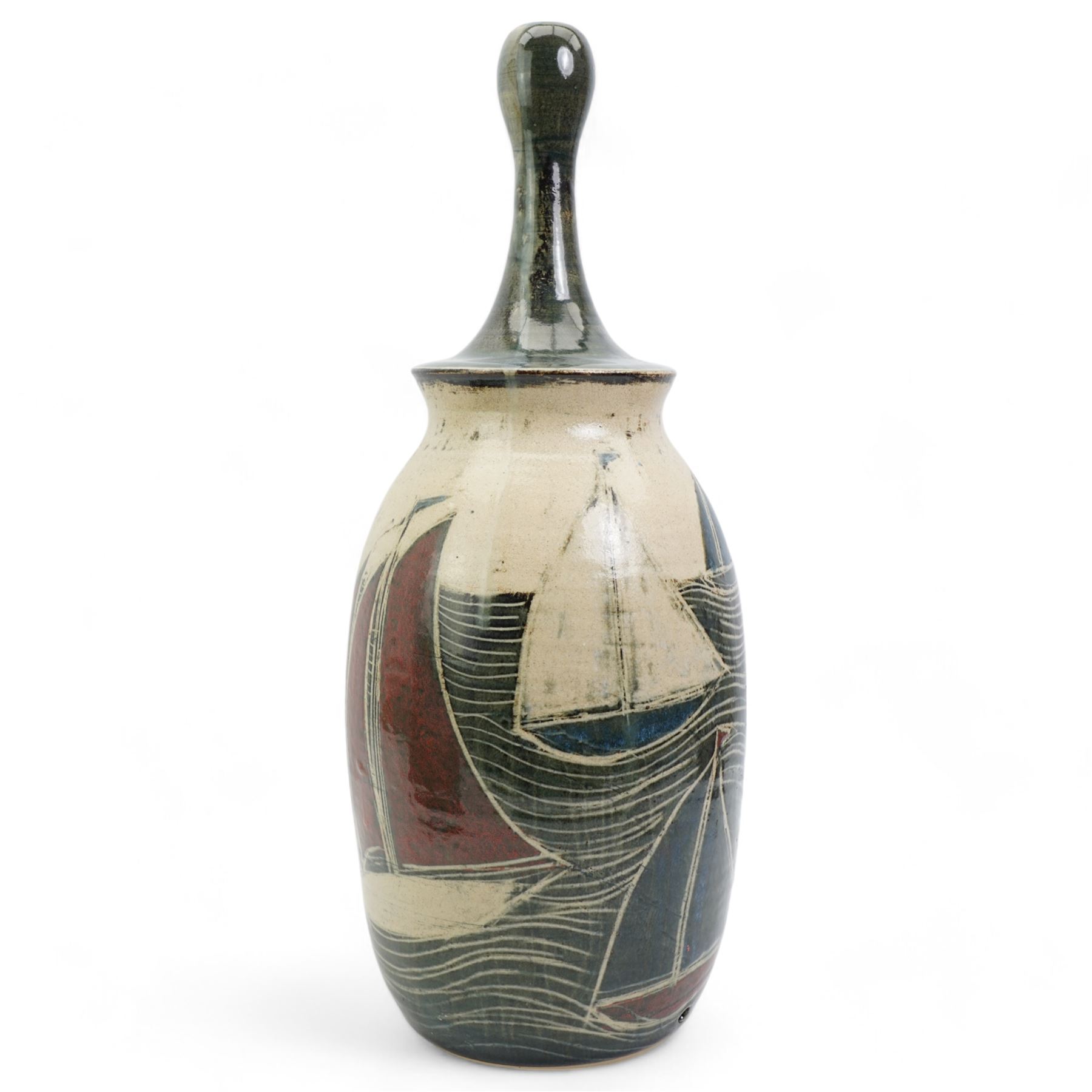 John Egerton (c1945-): Studio pottery stoneware lamp base, decorated with  sailing boats on choppy seas, signed and dated (20)18, H53cm 