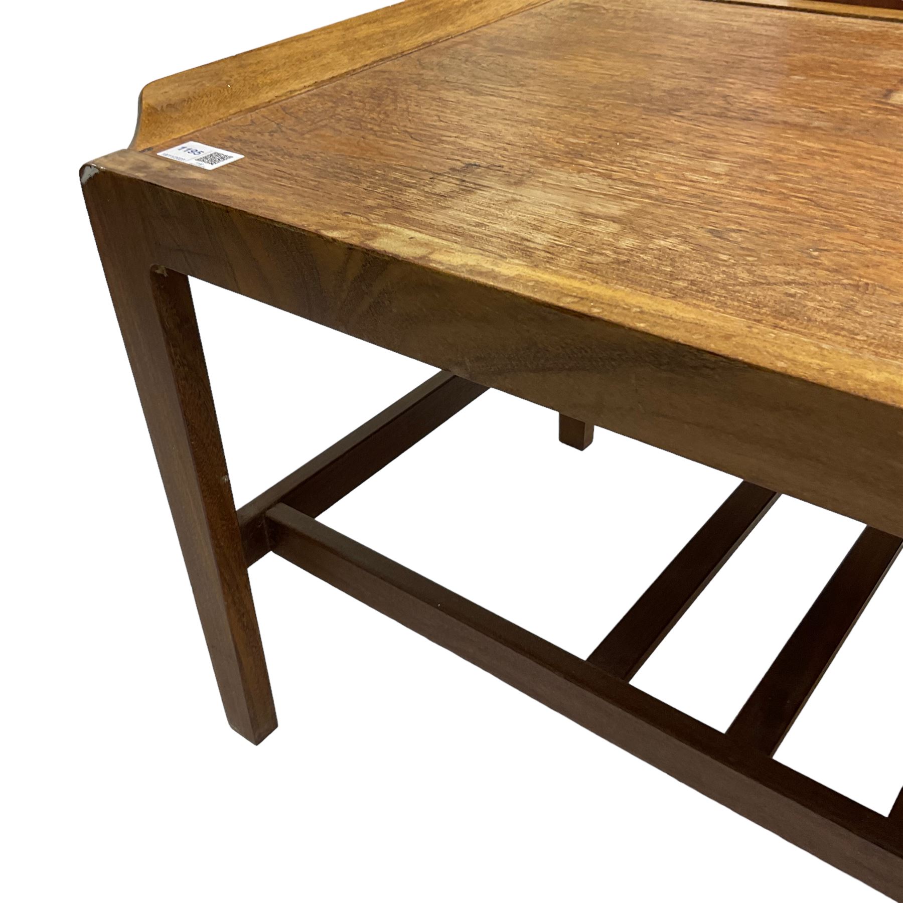 Remploy teak coffee table, rectangular top on tapering supports joined by under-tier