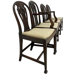 Pair of Georgian design mahogany D-end tables, reeded edge over banded frieze, on square tapering supports; with set of four (3+1) Hepplewhite design mahogany dining chairs, elaborately pierced and carved splat with festoons over dished seat, on fluted supports (W63cm H98cm)