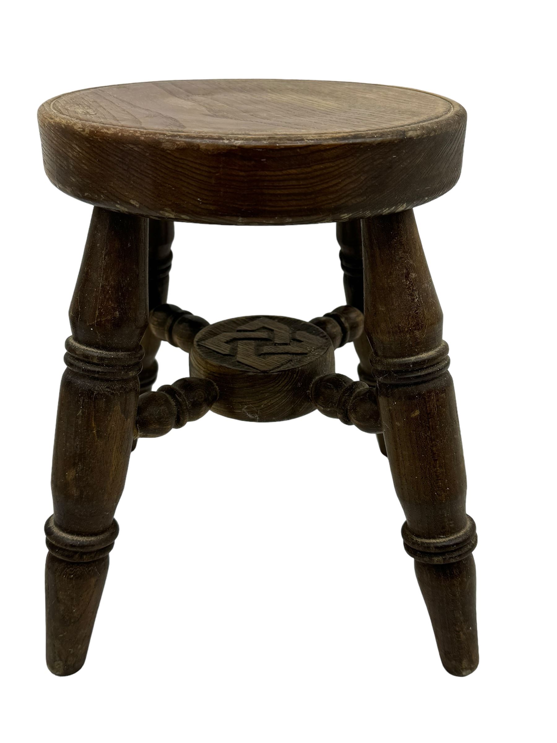 Victorian mother-of-pearl inlaid side chair; pair of miniature oak square stools; round stool; display stand with zigzag support column and brass dish; and a carved inlaid hardwood table top (6)